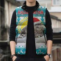 Kazakhstan Christmas Sleeveless Puffer Jacket with Snow Leopard in Santa Hat Blue and Yellow Reindeer Snowflake - Wonder Print Shop