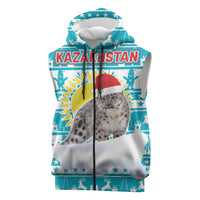 Kazakhstan Christmas Sleeveless Zip Hoodie with Snow Leopard in Santa Hat Blue and Yellow Reindeer Snowflake - Wonder Print Shop