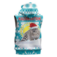 Kazakhstan Christmas Sleeveless Zip Hoodie with Snow Leopard in Santa Hat Blue and Yellow Reindeer Snowflake - Wonder Print Shop
