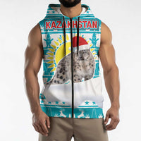 Kazakhstan Christmas Sleeveless Zip Hoodie with Snow Leopard in Santa Hat Blue and Yellow Reindeer Snowflake - Wonder Print Shop