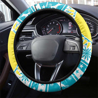 Kazakhstan Christmas Steering Wheel Cover with Snow Leopard in Santa Hat Blue and Yellow Reindeer Snowflake - Wonder Print Shop