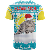 Kazakhstan Christmas T Shirt with Snow Leopard in Santa Hat Blue and Yellow Reindeer Snowflake - Wonder Print Shop