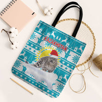Kazakhstan Christmas Tote Bag with Snow Leopard in Santa Hat Blue and Yellow Reindeer Snowflake - Wonder Print Shop