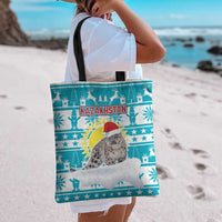 Kazakhstan Christmas Tote Bag with Snow Leopard in Santa Hat Blue and Yellow Reindeer Snowflake - Wonder Print Shop