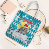 Kazakhstan Christmas Tote Bag with Snow Leopard in Santa Hat Blue and Yellow Reindeer Snowflake - Wonder Print Shop