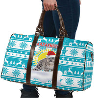 Kazakhstan Christmas Travel Bag with Snow Leopard in Santa Hat Blue and Yellow Reindeer Snowflake - Wonder Print Shop