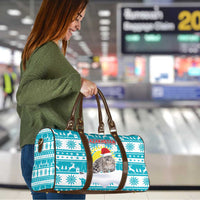 Kazakhstan Christmas Travel Bag with Snow Leopard in Santa Hat Blue and Yellow Reindeer Snowflake - Wonder Print Shop