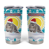 Kazakhstan Christmas Tumbler Cup with Snow Leopard in Santa Hat Blue and Yellow Reindeer Snowflake - Wonder Print Shop