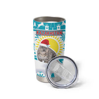 Kazakhstan Christmas Tumbler Cup with Snow Leopard in Santa Hat Blue and Yellow Reindeer Snowflake - Wonder Print Shop