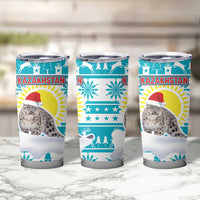 Kazakhstan Christmas Tumbler Cup with Snow Leopard in Santa Hat Blue and Yellow Reindeer Snowflake - Wonder Print Shop