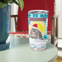 Kazakhstan Christmas Tumbler Cup with Snow Leopard in Santa Hat Blue and Yellow Reindeer Snowflake - Wonder Print Shop