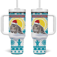 Kazakhstan Christmas Tumbler With Handle with Snow Leopard in Santa Hat Blue and Yellow Reindeer Snowflake - Wonder Print Shop