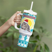 Kazakhstan Christmas Tumbler With Handle with Snow Leopard in Santa Hat Blue and Yellow Reindeer Snowflake - Wonder Print Shop