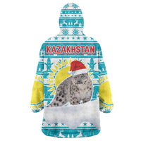 Kazakhstan Christmas Wearable Blanket Hoodie with Snow Leopard in Santa Hat Blue and Yellow Reindeer Snowflake - Wonder Print Shop
