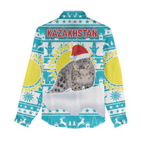 Kazakhstan Christmas Women Casual Shirt with Snow Leopard in Santa Hat Blue and Yellow Reindeer Snowflake - Wonder Print Shop