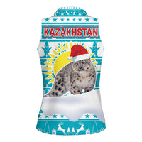Kazakhstan Christmas Women Sleeveless Polo Shirt with Snow Leopard in Santa Hat Blue and Yellow Reindeer Snowflake - Wonder Print Shop