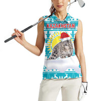 Kazakhstan Christmas Women Sleeveless Polo Shirt with Snow Leopard in Santa Hat Blue and Yellow Reindeer Snowflake - Wonder Print Shop