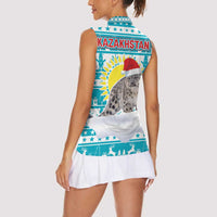 Kazakhstan Christmas Women Sleeveless Polo Shirt with Snow Leopard in Santa Hat Blue and Yellow Reindeer Snowflake - Wonder Print Shop