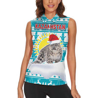 Kazakhstan Christmas Women Sleeveless Polo Shirt with Snow Leopard in Santa Hat Blue and Yellow Reindeer Snowflake - Wonder Print Shop