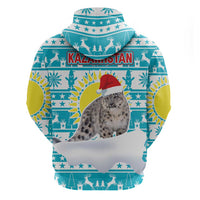 Kazakhstan Christmas Zip Hoodie with Snow Leopard in Santa Hat Blue and Yellow Reindeer Snowflake - Wonder Print Shop