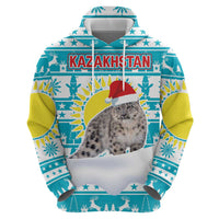 Kazakhstan Christmas Zip Hoodie with Snow Leopard in Santa Hat Blue and Yellow Reindeer Snowflake - Wonder Print Shop