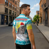 Kazakhstan Christmas Zipper Polo Shirt with Snow Leopard in Santa Hat Blue and Yellow Reindeer Snowflake - Wonder Print Shop