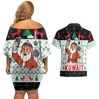 Kuwait Christmas Couples Matching Off Shoulder Short Dress and Hawaiian Shirt with Santa Taking Selfie Kuwait Towers Reindeer and Snowflake - Wonder Print Shop