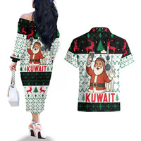 Kuwait Christmas Couples Matching Off The Shoulder Long Sleeve Dress and Hawaiian Shirt with Santa Taking Selfie Kuwait Towers Reindeer and Snowflake - Wonder Print Shop