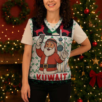 Kuwait Christmas Knitted V-Neck Vest with Santa Taking Selfie Kuwait Towers Reindeer and Snowflake - Wonder Print Shop