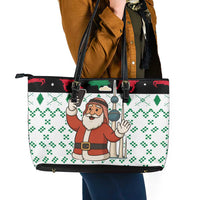 Kuwait Christmas Leather Tote Bag with Santa Taking Selfie Kuwait Towers Reindeer and Snowflake - Wonder Print Shop