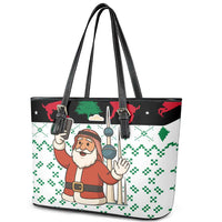 Kuwait Christmas Leather Tote Bag with Santa Taking Selfie Kuwait Towers Reindeer and Snowflake - Wonder Print Shop