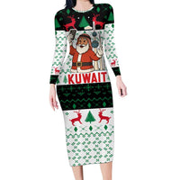 Kuwait Christmas Long Sleeve Bodycon Dress with Santa Taking Selfie Kuwait Towers Reindeer and Snowflake - Wonder Print Shop