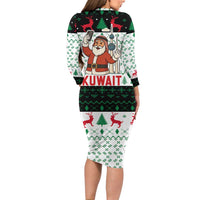 Kuwait Christmas Long Sleeve Bodycon Dress with Santa Taking Selfie Kuwait Towers Reindeer and Snowflake - Wonder Print Shop
