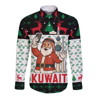 Kuwait Christmas Long Sleeve Button Shirt with Santa Taking Selfie Kuwait Towers Reindeer and Snowflake - Wonder Print Shop