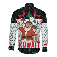 Kuwait Christmas Long Sleeve Button Shirt with Santa Taking Selfie Kuwait Towers Reindeer and Snowflake - Wonder Print Shop