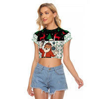 Kuwait Christmas Raglan Cropped T Shirt with Santa Taking Selfie Kuwait Towers Reindeer and Snowflake - Wonder Print Shop