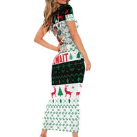 Kuwait Christmas Short Sleeve Bodycon Dress with Santa Taking Selfie Kuwait Towers Reindeer and Snowflake - Wonder Print Shop