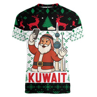 Kuwait Christmas Women V-Neck T-Shirt with Santa Taking Selfie Kuwait Towers Reindeer and Snowflake - Wonder Print Shop