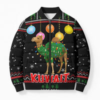 Kuwait Christmas Bomber Puffer Jacket with Camel in Festive Ornaments Snowflakes and Green Red - Wonder Print Shop