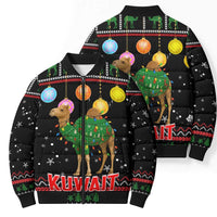 Kuwait Christmas Bomber Puffer Jacket with Camel in Festive Ornaments Snowflakes and Green Red - Wonder Print Shop