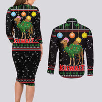 Kuwait Christmas Couples Matching Long Sleeve Bodycon Dress and Long Sleeve Button Shirt with Camel in Festive Ornaments Snowflakes and Green Red - Wonder Print Shop
