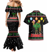 Kuwait Christmas Couples Matching Mermaid Dress and Hawaiian Shirt with Camel in Festive Ornaments Snowflakes and Green Red - Wonder Print Shop
