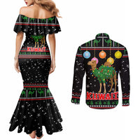 Kuwait Christmas Couples Matching Mermaid Dress and Long Sleeve Button Shirt with Camel in Festive Ornaments Snowflakes and Green Red - Wonder Print Shop