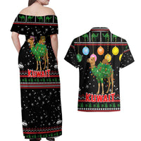 Kuwait Christmas Couples Matching Off Shoulder Maxi Dress and Hawaiian Shirt with Camel in Festive Ornaments Snowflakes and Green Red - Wonder Print Shop