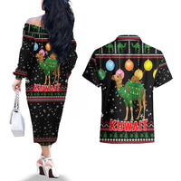 Kuwait Christmas Couples Matching Off The Shoulder Long Sleeve Dress and Hawaiian Shirt with Camel in Festive Ornaments Snowflakes and Green Red - Wonder Print Shop