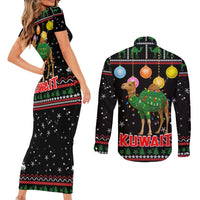 Kuwait Christmas Couples Matching Short Sleeve Bodycon Dress and Long Sleeve Button Shirt with Camel in Festive Ornaments Snowflakes and Green Red - Wonder Print Shop