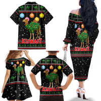 Kuwait Christmas Family Matching Off The Shoulder Long Sleeve Dress and Hawaiian Shirt with Camel in Festive Ornaments Snowflakes and Green Red - Wonder Print Shop