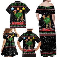 Kuwait Christmas Family Matching Off Shoulder Maxi Dress and Hawaiian Shirt with Camel in Festive Ornaments Snowflakes and Green Red - Wonder Print Shop