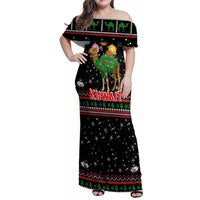 Kuwait Christmas Family Matching Off Shoulder Maxi Dress and Hawaiian Shirt with Camel in Festive Ornaments Snowflakes and Green Red - Wonder Print Shop