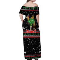 Kuwait Christmas Family Matching Off Shoulder Maxi Dress and Hawaiian Shirt with Camel in Festive Ornaments Snowflakes and Green Red - Wonder Print Shop